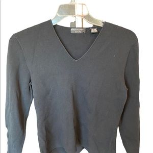 Dana Buchman Petite Black V-neck top embellished peek-a-boo sleeve L